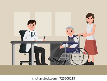 Doctor and patient in flat style. Practitioner doctor man and old man patient in hospital medical office. Consultation and diagnosis. Medicine concept.