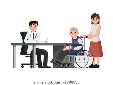 Doctor and patient in flat style. Practitioner doctor man and old man patient. Consultation and diagnosis. Medicine concept. 