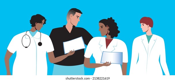 Doctor and patient. Flat vector stock illustration. Treatment process. Visit by adult male to clinic or hospital. People in white coats. Team of professional doctors in work