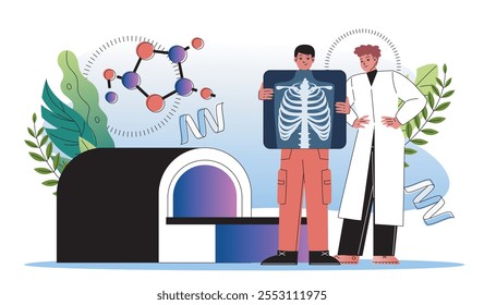 Médico e paciente com fluorograma. Dois homens com raio de pulmões e tórax. Saúde e medicina. Diagnóstico e tratamento. Ilustração de vetor plano isolada no plano de fundo branco