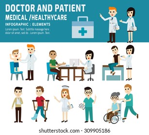 Doctor and patient. healthcare, medical concept. infographic element.
Vector flat icons cartoon design. illustration.banner header.
isolated on white and blue background.