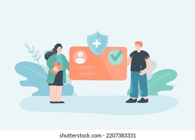 Doctor And Patient Holding Health Insurance Card. Man Holding Plastic Card Of Health Care Flat Vector Illustration. Medicine, Pharmacy, Service Concept For Banner, Website Design Or Landing Web Page