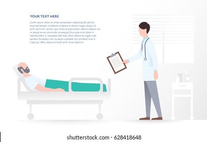 Doctor And A Patient In A Hospital Bed In A Hospital Room. The Process Of Medical Treatment And Inpatient Rehabilitation. Healthcare And Medical Insurance Concept. Vector Flat Illustration