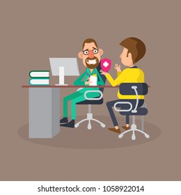 Doctor and patient in hospital with health insurance related icon