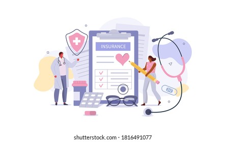 Doctor and Patient in Hospital Office filling Health Insurance Contract. Near lying Medical Pills, Capsules, Stethoscope and other Medical Staff. Healthcare Concept. Flat Cartoon Vector Illustration. 