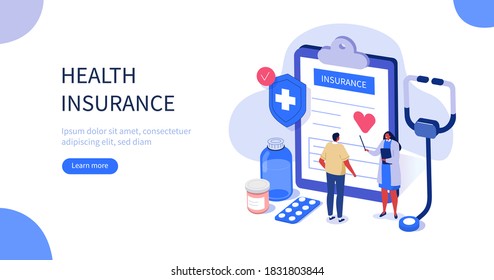 Doctor and Patient in Hospital Office filling Health Insurance Contract. Near lying Medical Pills, Stethoscope and other Medical Staff. Healthcare Concept. Flat Isometric Vector Illustration. 