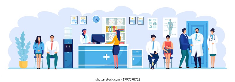 Doctor and patient in hospital reception. Woman and man wait physician in clinic hall. People, medical staff in waiting room of ambulance department. Consultation, diagnosis concept. Vector design