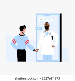 Doctor and patient interacting via medical platform in flat vector illustration symbolizing virtual healthcare, remote consultation, and patient care, isolated on white background.