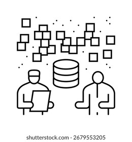 interação do médico e do paciente com o vetor do ícone de linha dos fluxos de dados. interação do médico e do paciente com o sinal dos fluxos de dados. símbolo de contorno isolado ilustração em preto