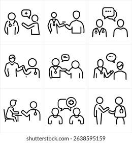 Doctor and Patient Interaction icon set featuring medical consultations healthcare support and communication