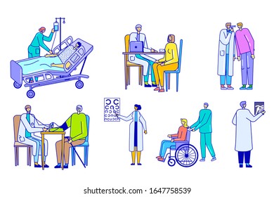 Doctor patient lineart characters, people in medical clinic, healthcare hospital, vector illustration. Set of isolated cartoon characters, doctor examines patient. Rehabilitation center nurse care