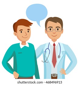 Doctor And Patient. Man Talking To Physician. Vector Illustration