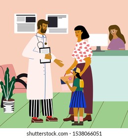 Doctor and patient medical concept. Doctor consulting  a woman with a child near the clinic reception at the hospital. Trendy colorful vector illustration in flat cartoon style.