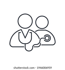Doctor and patient. Medical examination, consultation. Vector linear icon isolated on white background.