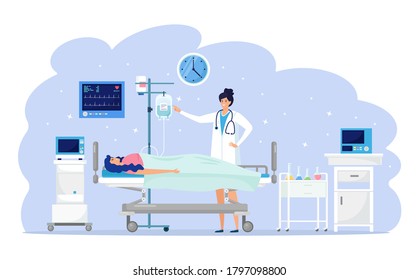 Doctor and patient in medical ward. Woman resting on hospital bed with dropper intensive therapy. Emergency aid. Clinical test, diagnosis, examination. Hospitalization concept. Vector cartoon design