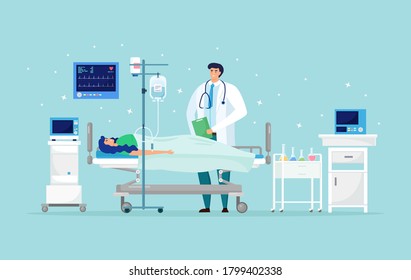 Doctor and patient in medical ward. Woman resting on hospital bed with dropper intensive therapy. Emergency aid. Clinical test, diagnosis, examination. Hospitalization concept. Vector cartoon design