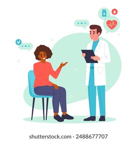 Doctor with patient. Medical worker and female patient, doctor advising and diagnosing patient flat vector illustration. Hospital professional worker with patient