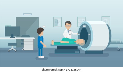 Doctor con paciente en la ilustración vectorial del escáner mri