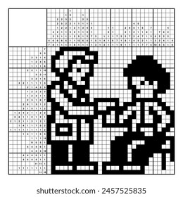 Doctor and patient. Nonogram, japanese crossword, educational game. Black and white, 30x30. Logical solution. Structured customizable EPS.