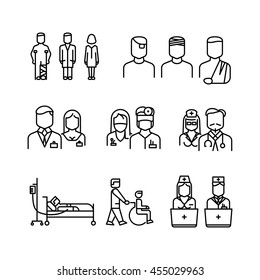 Doctor, patient, nurse thin line icons. Set of linear style doctor and nurse, vector woman and man doctors illustration