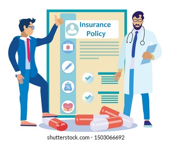 Doctor and Patient on Background Insurance Policy and Medicines. Contract Clause. Vector Illustration. Reliable Protection. Employee Insurance Company and Doctor on White Background. Health Insurance