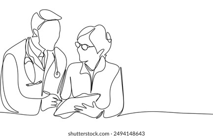 Doctor and patient one line continuous. Doctor and patient line art. Hand drawn vector art.