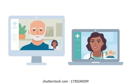 Doctor and patient in online health chat. Elderly man talking to female doctor on computer. Online medical service. Healthcare service video call, remote professional mental health consultation. 