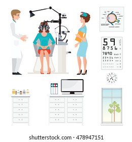 Doctor and patient at Ophthalmologist with Phoropter isolated on white, ophthalmic testing device machine , medical care flat design, Vector illustration.