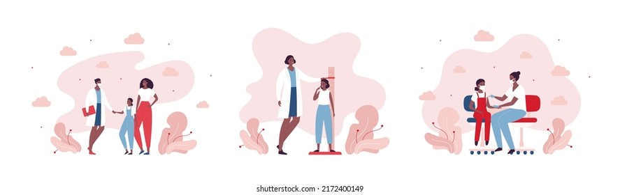 Doctor and patient pediatrician healthcare concept. Vector flat people illustration set. Female african american mother, daughter and nurse character. Height measurement, meeting and vaccine shot.