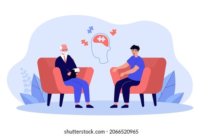 Doctor and patient putting brain puzzle in head together. Man visiting psychiatrist flat vector illustration. Mental health, psychology, therapy concept for banner, website design or landing web page