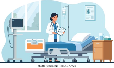 doctor in the patient room. Flat 2D Illustration