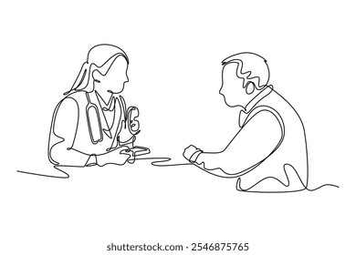 Médico e paciente. Ilustração gráfica vetorial de design de desenho de linha única.