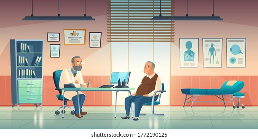 Doctor And Patient Sit In Medical Office. Vector Cartoon Illustration Of Cabinet Interior In Hospital Or Clinic With Male Physician And Elderly Man. Medic Consultation Concept