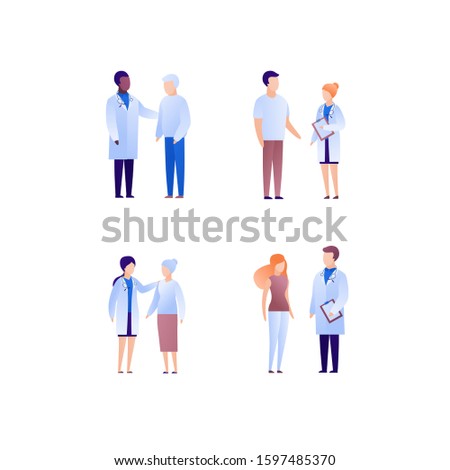 Doctor and patient support concept. Vector flat medical person illustration set. Collection of different nationality and age people. Doctor medicine profession. Design element for banner, poster.
