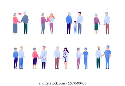 Doctor and patient support for senior people and family concept. Vector flat medical person illustration set. Collection of people character. Grandparents with baby. Design element for banner, poster.