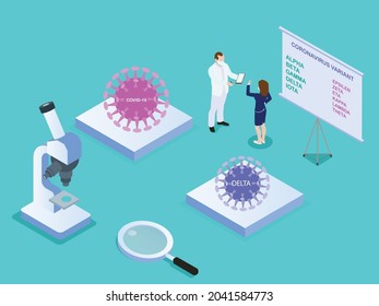 Doctor and patient talking about corona virus variant mutation. isometric vector concept