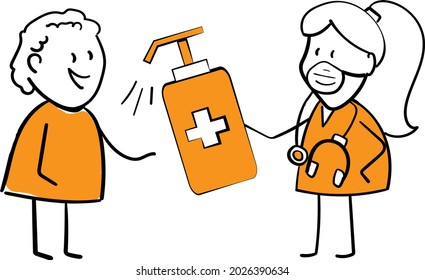 doctor patient talking and cleaning gel bottle for coronavirus and covid-19.Hand drawn doodle line art cartoon character design.Health care and medicine.isolated vector illustration
