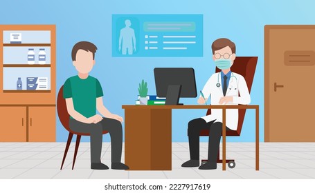 Doctor and patient talking and consulting in hospital office and writing prescription to prevention and treatment to take health care concept and medical appointment in flat character illustration.