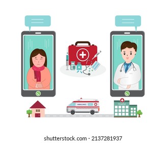 Doctor and patient are talking on the smartphone with ambulance car and first aid kit icon isolated on white background.Telemedical service.Medical health care cartoon character.Vector.Illustration. 