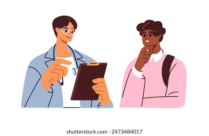 Habla el médico y el paciente durante la consulta médica. Médico contando el diagnóstico, consultando el tratamiento. Persona escuchando al médico. Ilustración vectorial plana aislada sobre fondo blanco