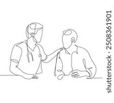 Doctor and Patient Talking Trendy Line Art Drawing. Doctor Minimalistic Black Lines Drawing on White Background. Continuous One Line Abstract Drawing. Peoples Modern Design. Vector EPS 10