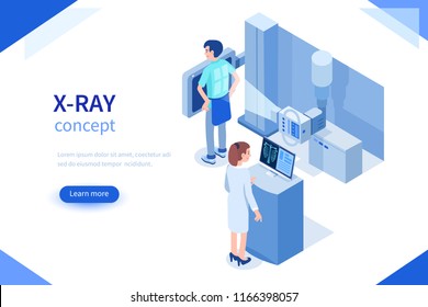 Doctor and patient use x-ray machine for diagnosis. Can use for web banner, infographics, hero images. Flat isometric vector illustration isolated on white background.