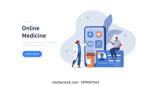 Doctor and patient using mobile app and presenting health insurance, online pharmacy and other medical service. Telemedicine concept. Flat cartoon vector illustration. 