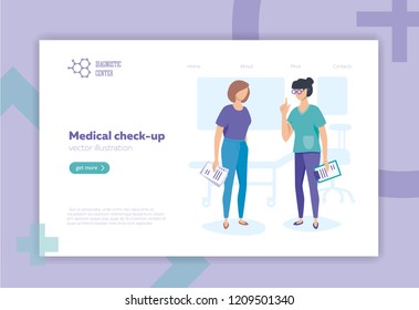 Doctor and patient, vector illustration, flat style. Medical check-up, diagnostics. Layout for website.