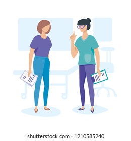 Doctor and patient, vector illustration, flat style. Medical check-up, diagnostics, analysis, conversation, dialogue. 