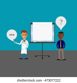 Doctor and a patient. Vector illustration. Man talking to physician. 
Doctor Holding Clipboard Talking With Blank White Board, Physician, Hospital,  Patient, Healthy, Treatment, Personnel