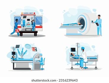 Doctor and patient vector illustration set. Paramedics provide assistance to the patient, MRI examination, robotic surgery, resuscitation, life saving. Thank you doctors and nurses.