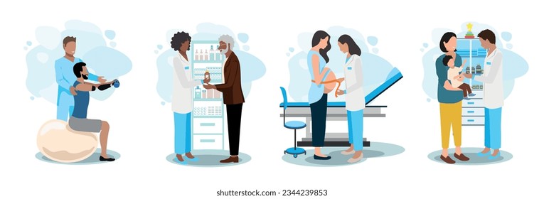 Doctor and patient vector illustration set. A patient for rehabilitation, limb prosthetics, in a pharmacy, a child at a pediatrician, a pregnant woman at a gynecologist. Thank you doctors and nurses.