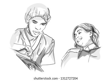 Doctor and patient Vector sketch storyboard. Detailed characters illustration