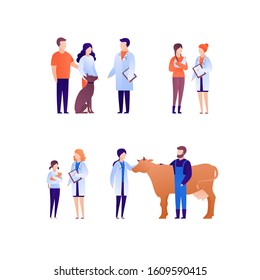 Doctor and patient veterinary concept. Vector flat medical person illustration set. People with animal pet on checkup. Dog, cat and cow. Design element for banner, poster.